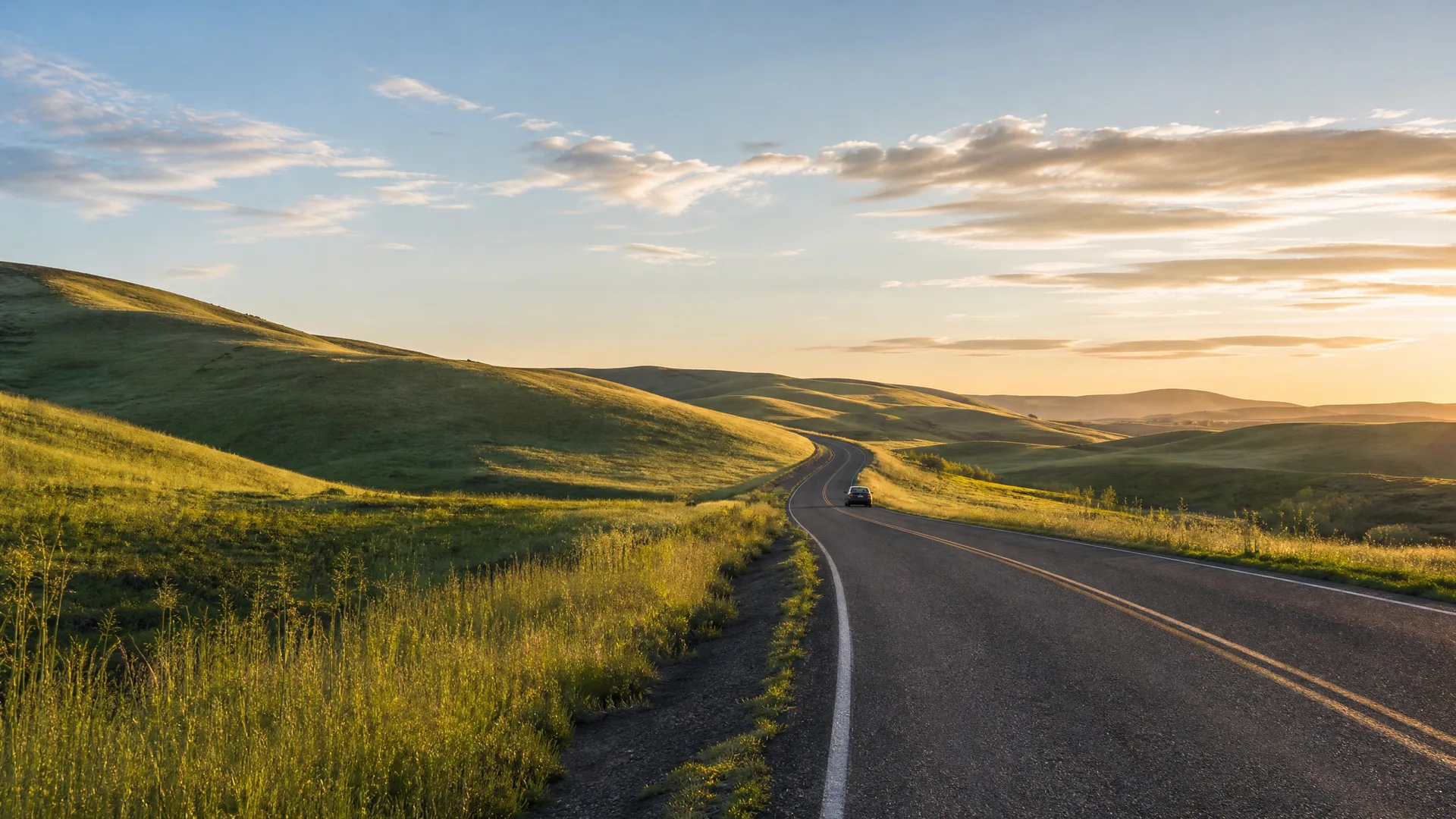 A two-lane paved road with painted center and edge lines curves through green rolling grass hills under a partly cloudy sky at low sun, with a single distant vehicle on the road.
