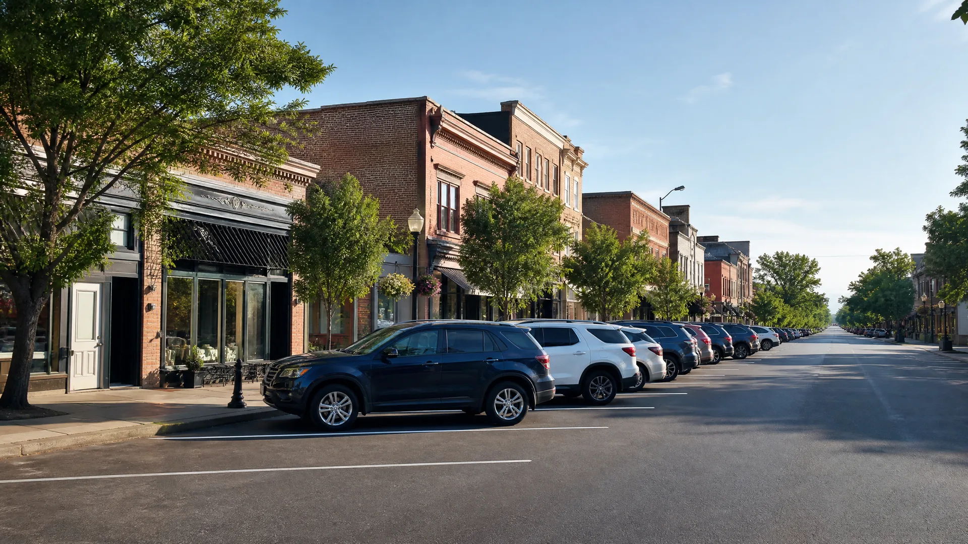 A row of cars angle-parked along a wide empty street beside two-story brick commercial buildings and leafy street trees under a clear sky.