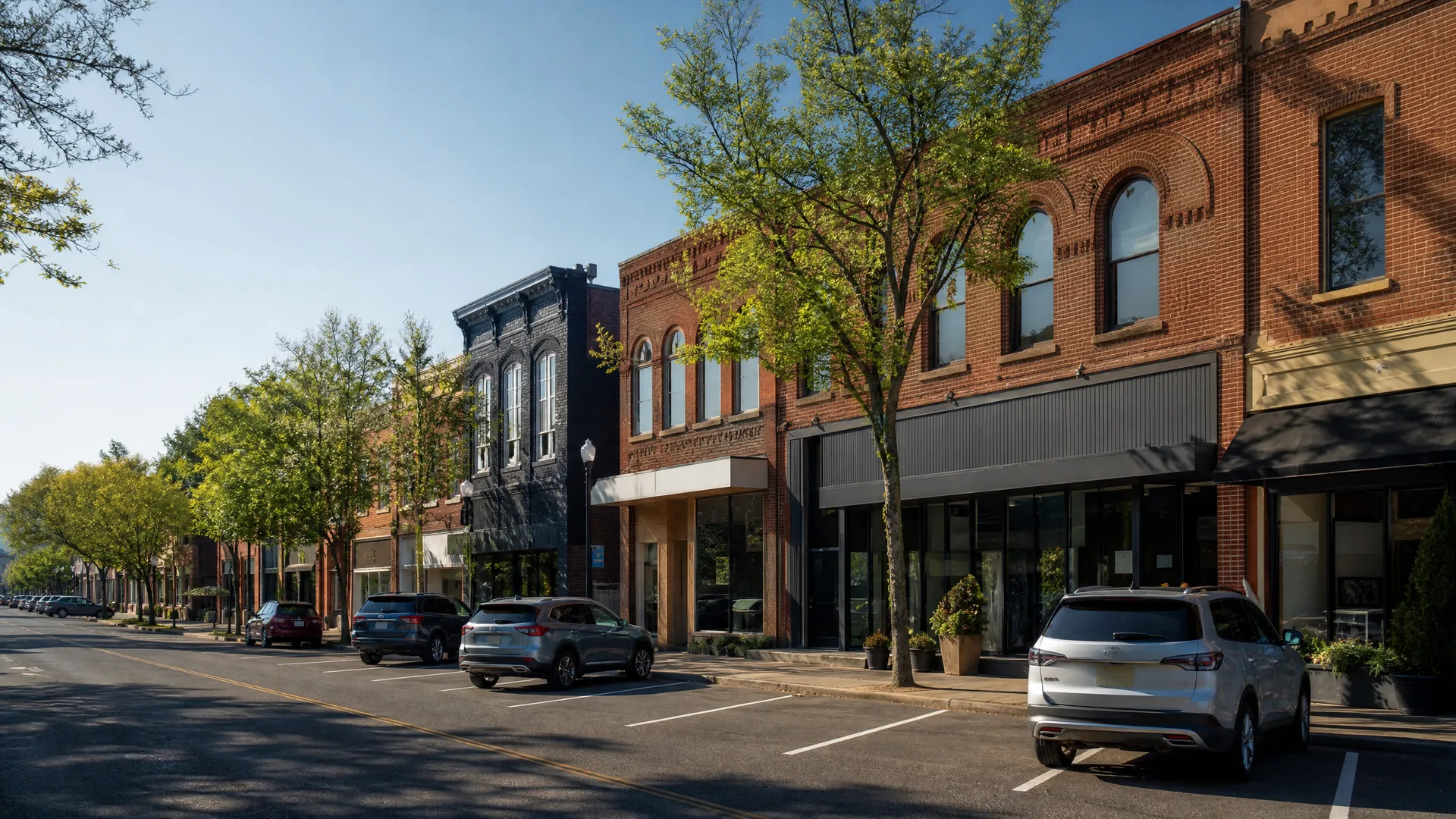 A commercial street lined with two-story brick buildings with storefront windows, leafy trees, and cars parked in angled spaces along the curb under a clear sky.