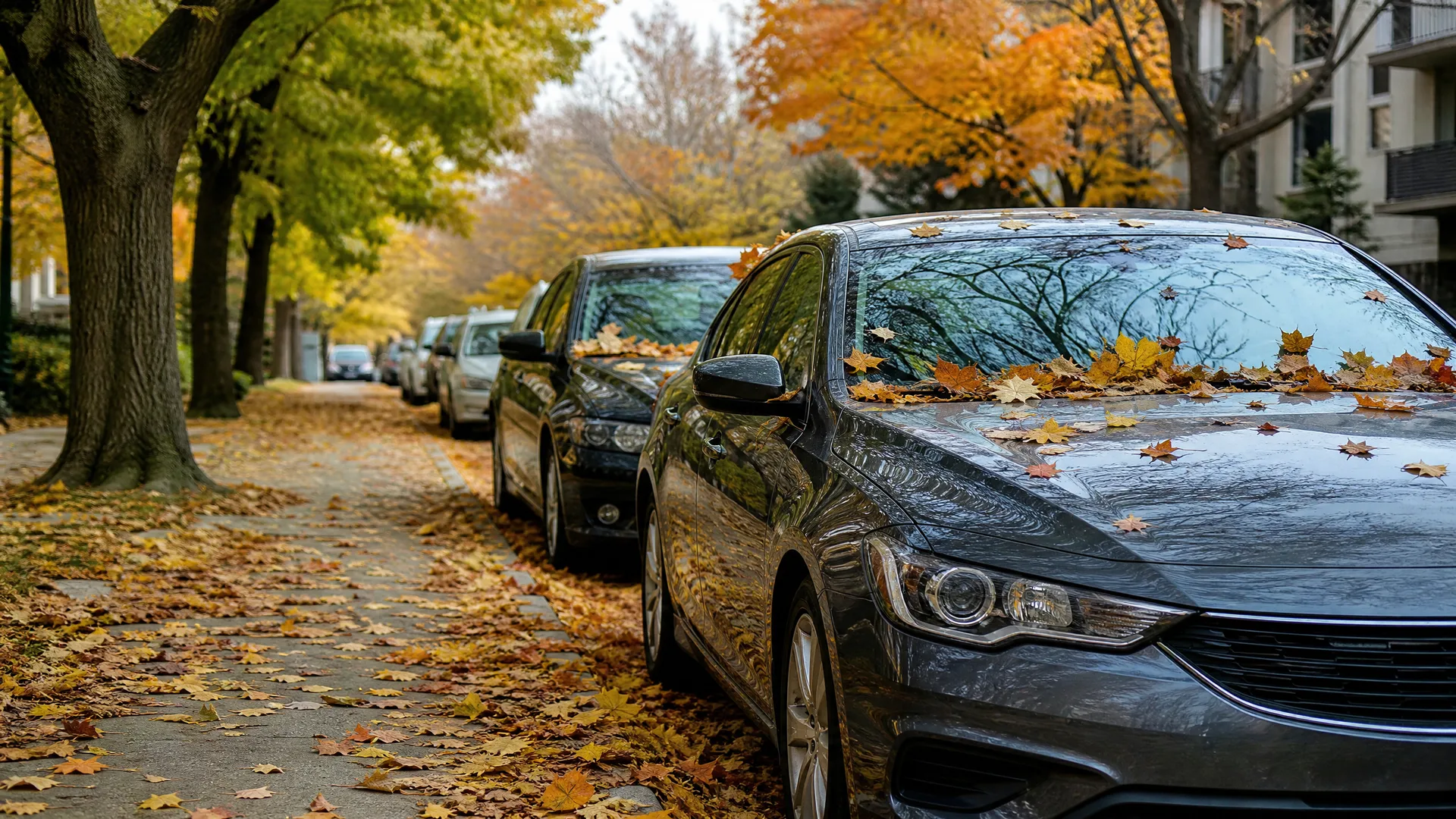 A row of cars parked along a residential street, the nearest a dark gray sedan covered with fallen yellow and orange leaves, beside a leaf-strewn sidewalk and trees in autumn color.