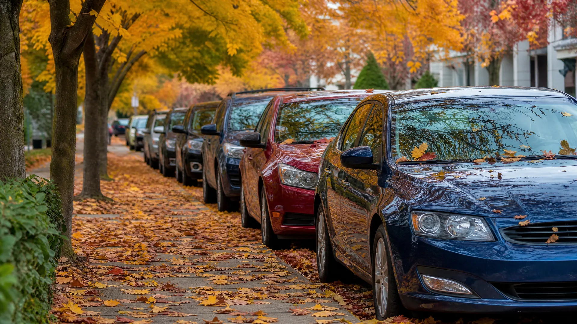 A row of cars parked along a residential street beside a leaf-covered sidewalk, with trees in orange and yellow autumn foliage overhead.