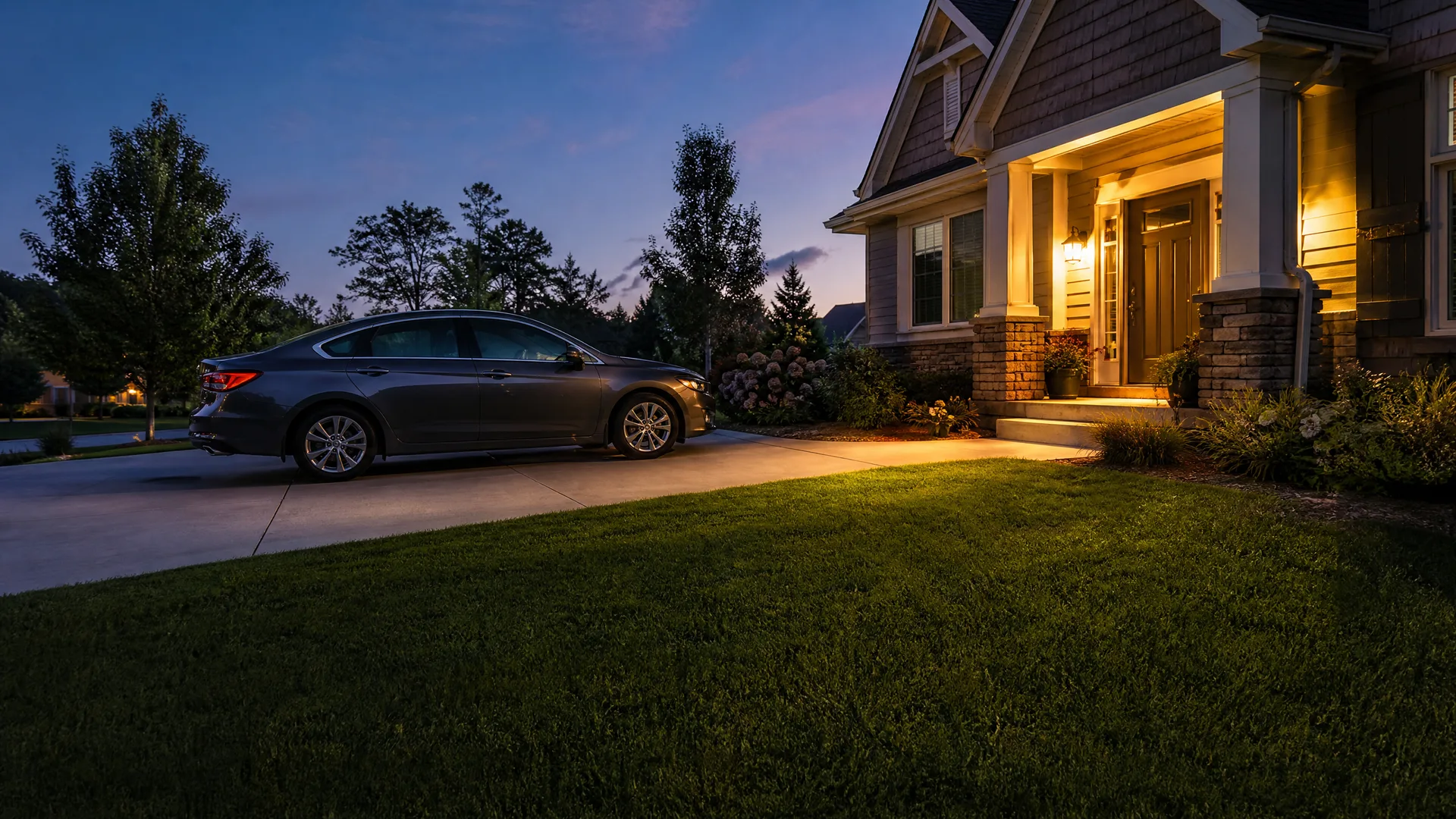 A dark gray sedan parked on a concrete driveway beside a shingle-sided house with lit porch and entry lights at dusk, with a lawn in the foreground and trees against a purple sky.