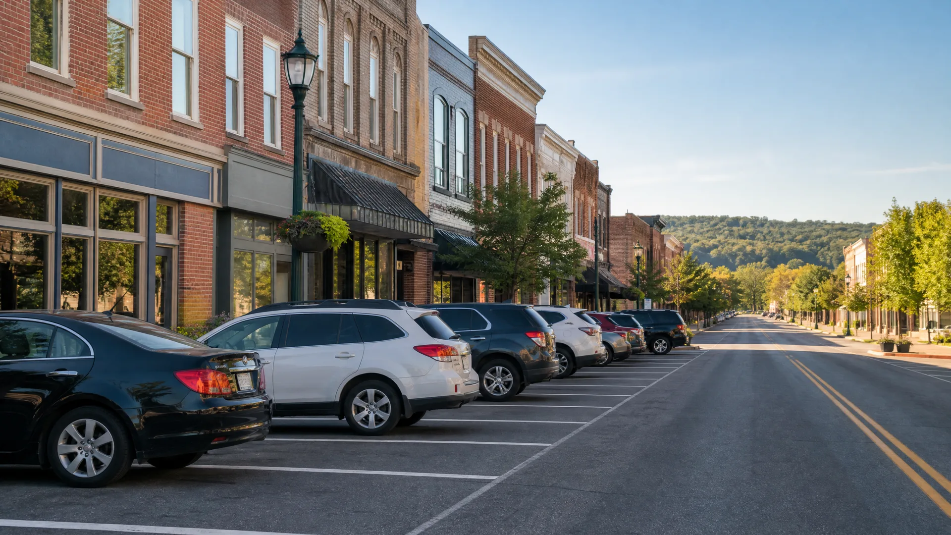 A row of cars parked in angled spaces along a small-town main street lined with two-story brick commercial buildings, with trees, a streetlamp, and forested hills in the distance.