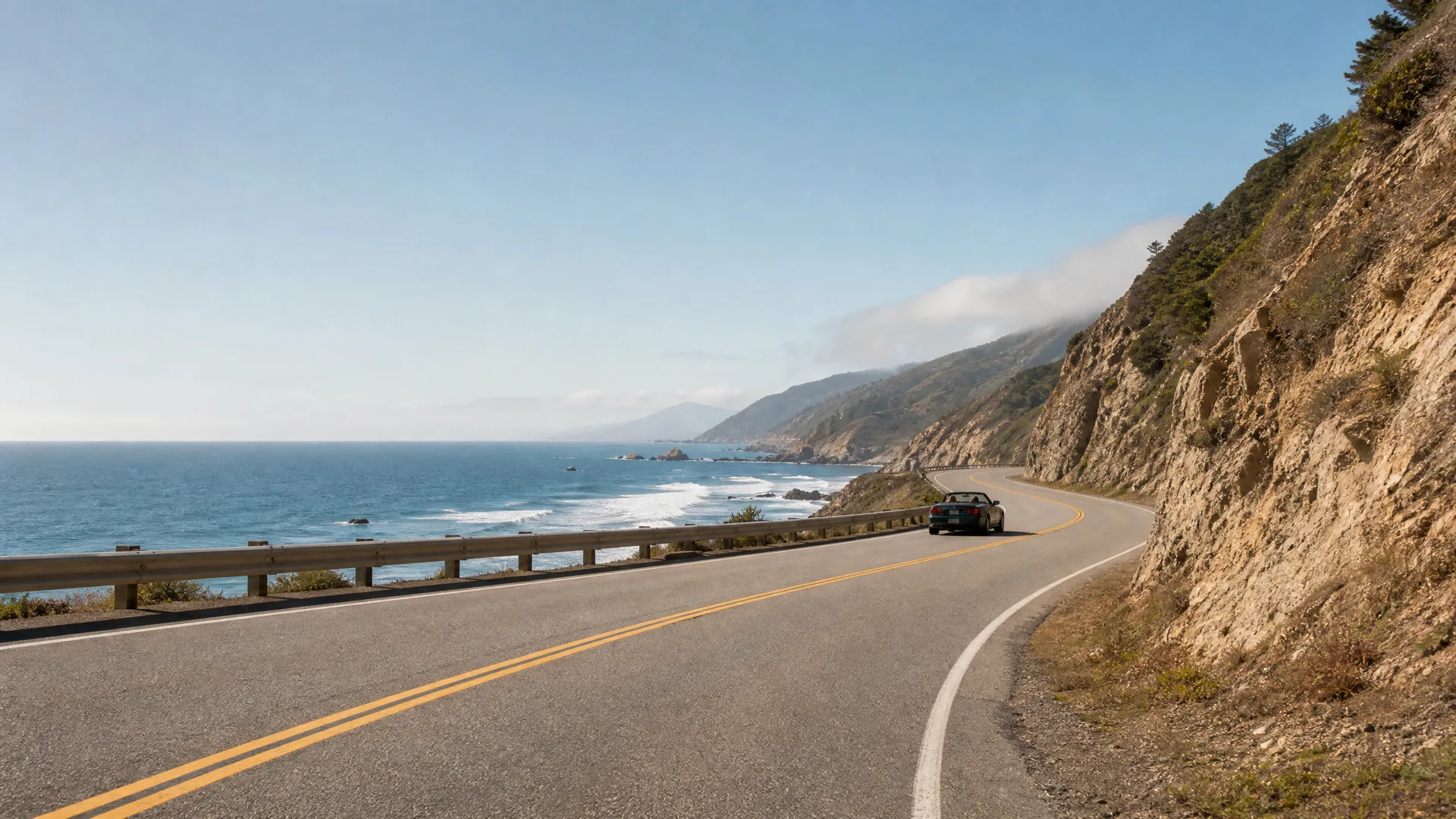 A two-lane coastal highway with a double yellow center line curves along a cliff, with a dark convertible car driving ahead, a guardrail and ocean with breaking waves on the left, and a rocky hillside with scattered trees on the right.
