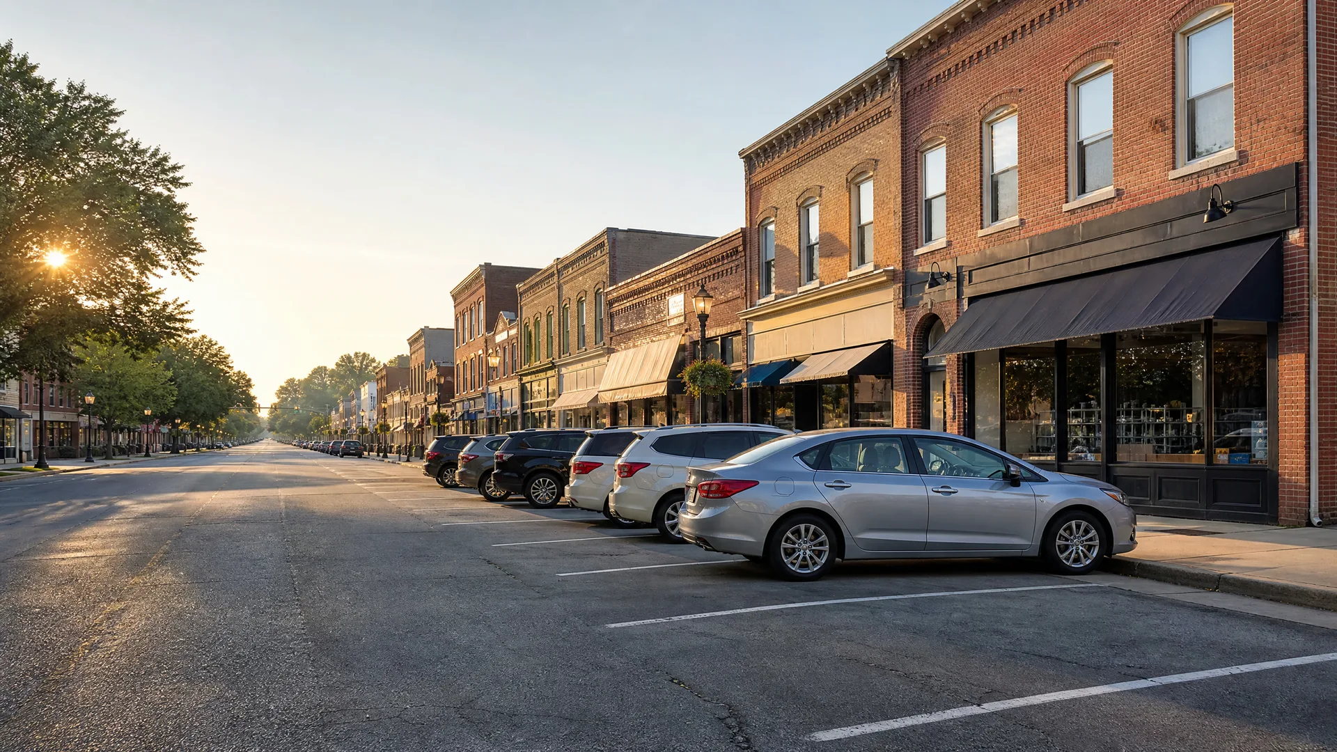 A quiet main street at low sun with cars angle-parked along a row of two-story brick storefronts with awnings, and leafy trees lining the opposite side.