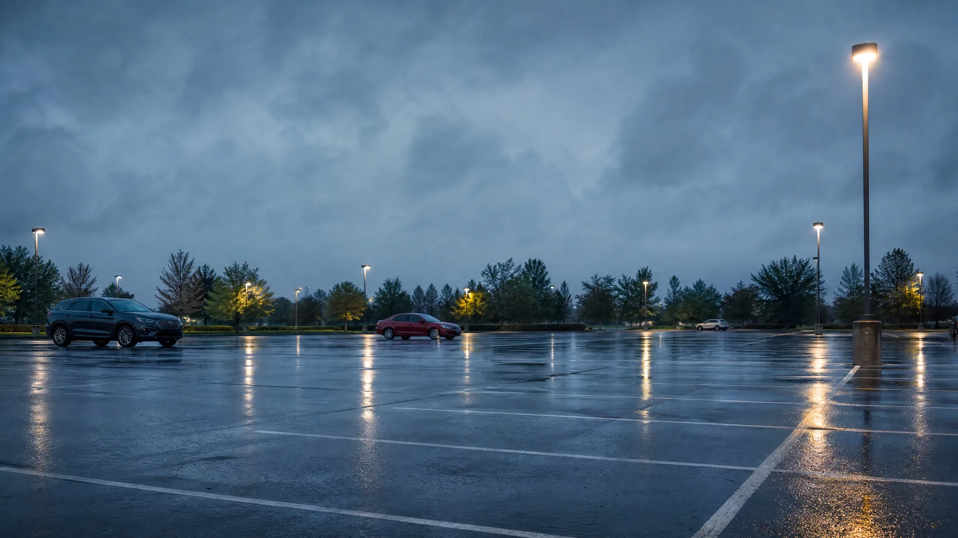 A nearly empty wet parking lot at dusk under heavy grey clouds, with a few parked cars, a line of trees, and lit light poles reflecting on the pavement.