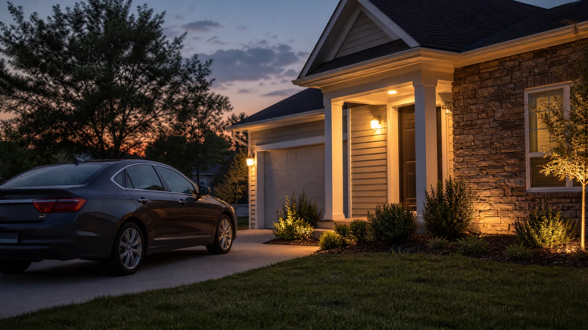 A single-story house with stone veneer, lap siding and a covered entry porch lit by exterior lights at dusk, with a dark sedan parked in the driveway and a lawn and shrubs in front.