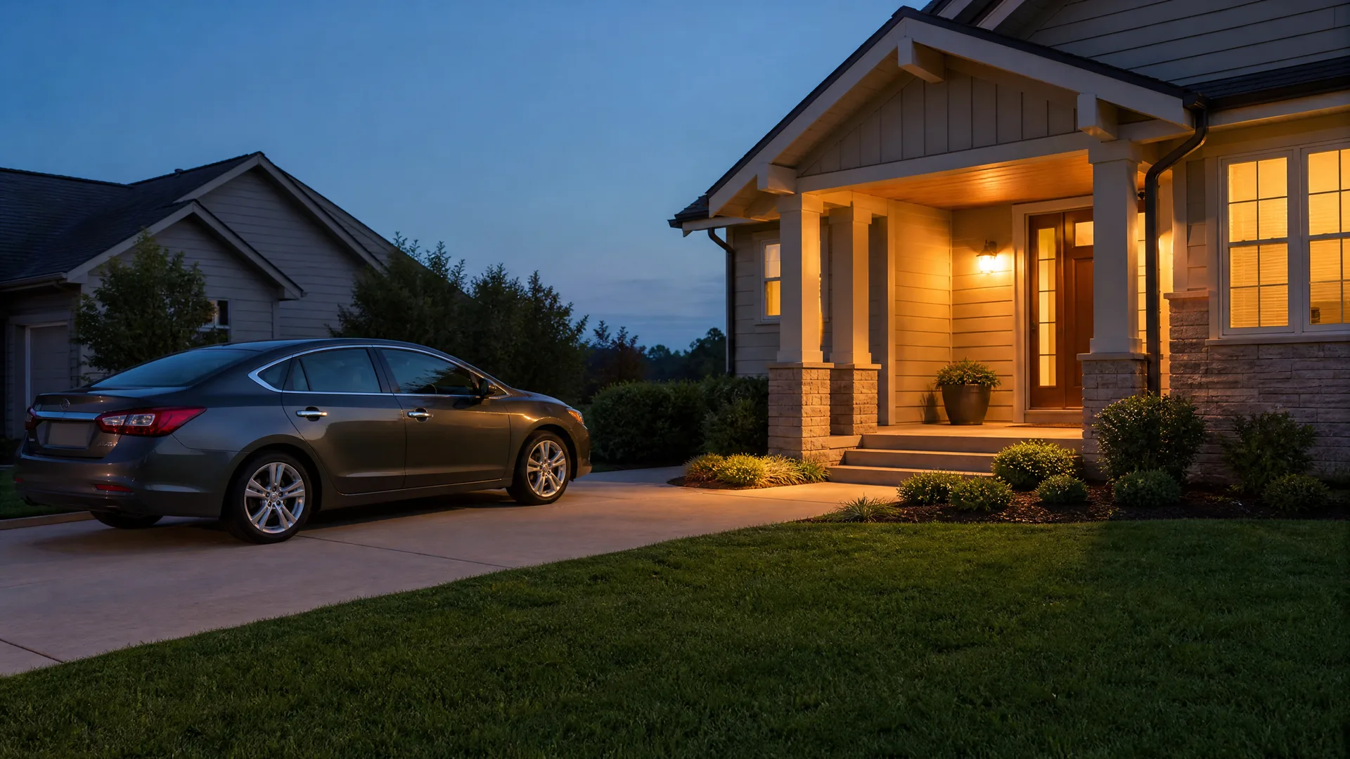 A gray four-door sedan parked in a concrete driveway at dusk beside a house with a lit covered porch, stone-faced columns and glowing windows, with a lawn in the foreground.