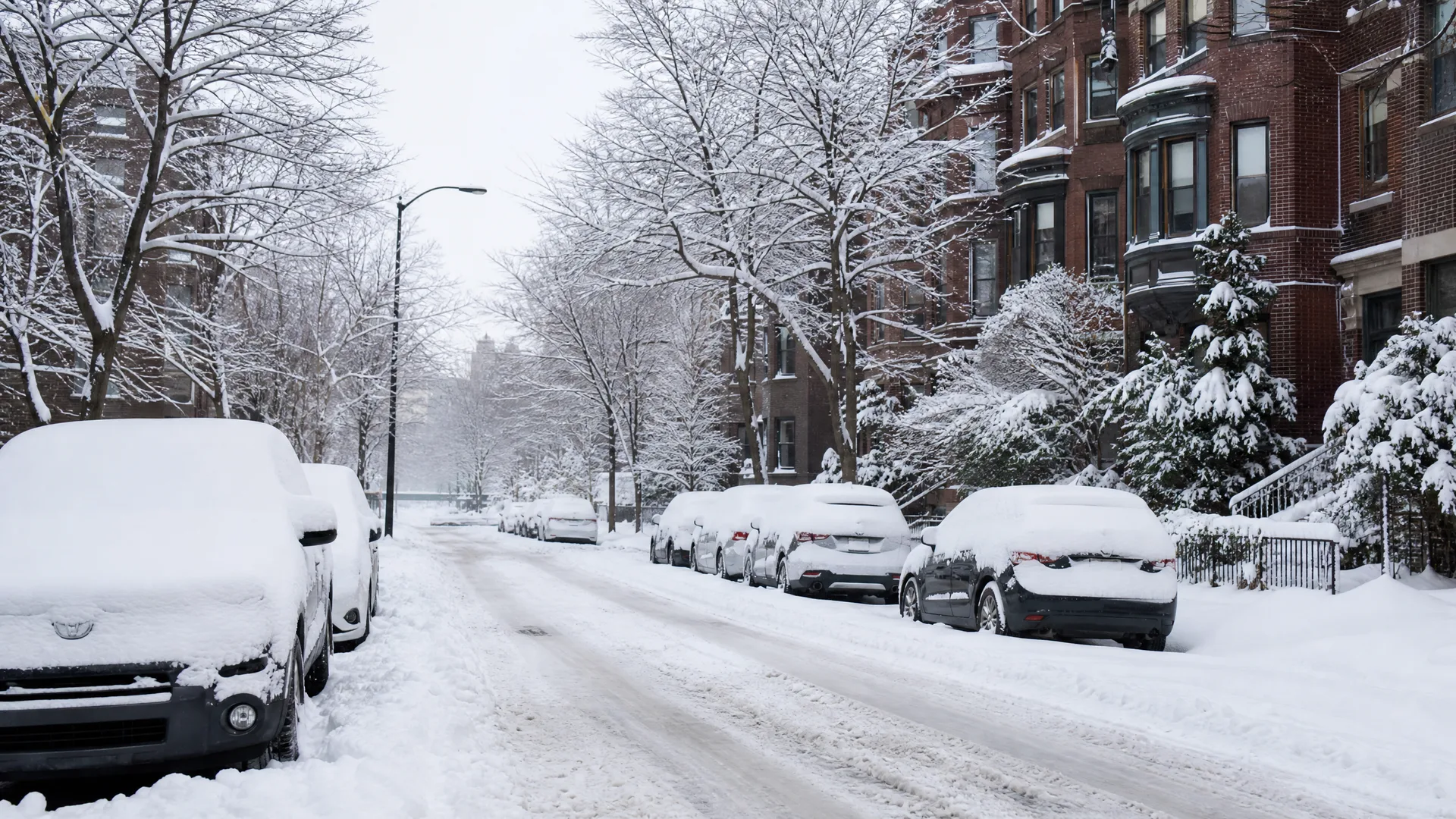 A snow-covered residential street lined with parked cars buried under snow, bare trees, a streetlight, and brick row houses on the right.
