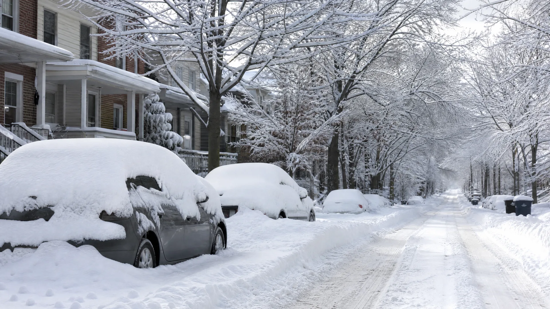 A residential street after heavy snowfall, with parked cars buried under thick snow along the curb, snow-covered bare trees, houses on the left, and tire tracks in the plowed roadway.