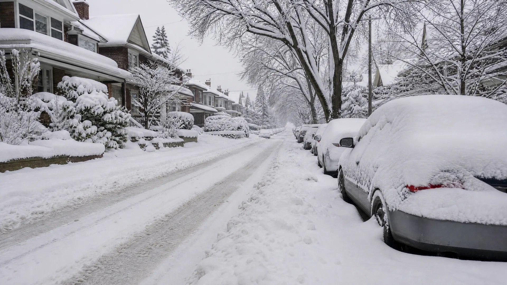 A snow-covered residential street with tire tracks, parked cars buried under thick snow on the right, brick houses and bare trees on the left under an overcast sky.