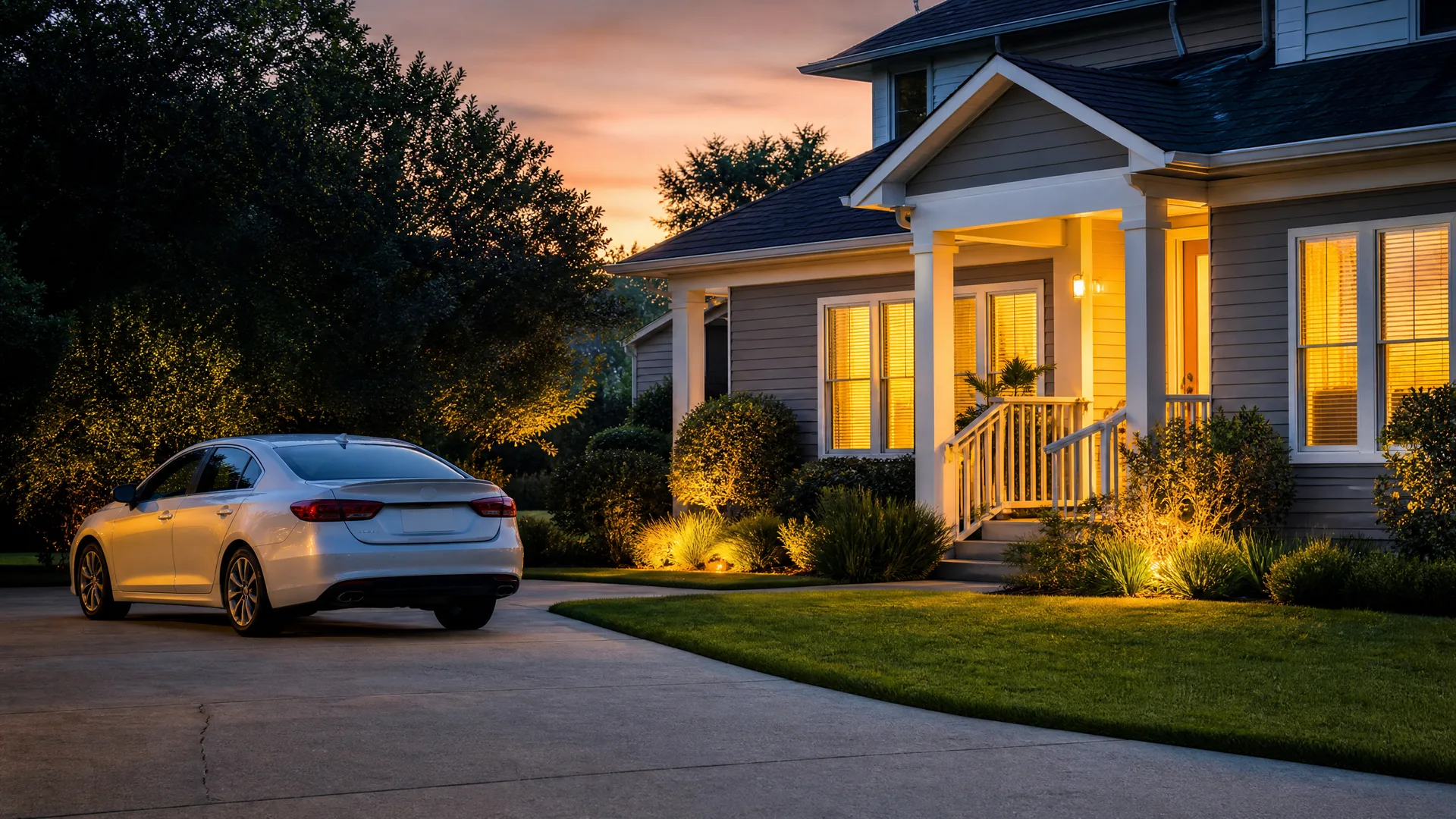A white four-door sedan parked on a concrete driveway at dusk in front of a two-story house with horizontal siding, a lit porch, illuminated windows, and landscape-lit shrubs and lawn.