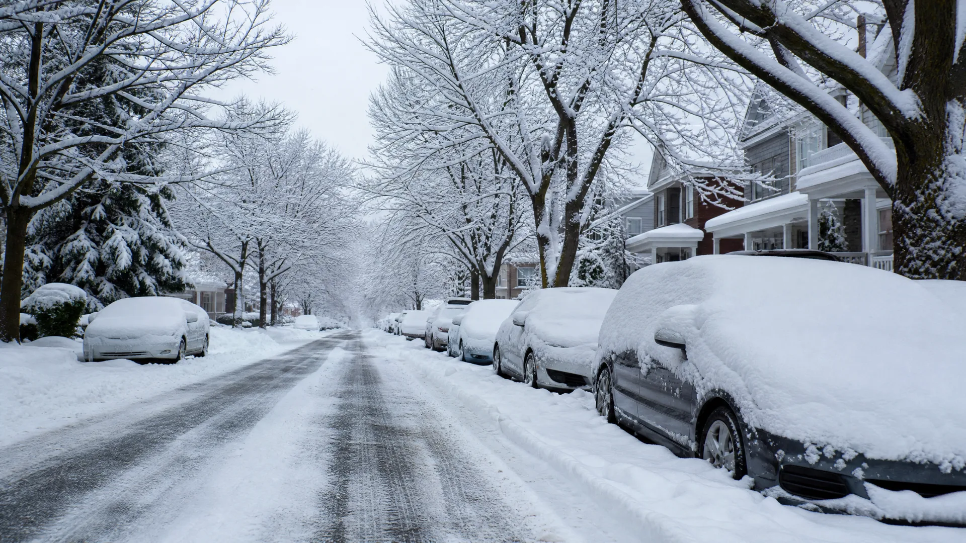 A snow-covered residential street lined with bare trees and parked cars buried under thick snow, with houses visible on the right.