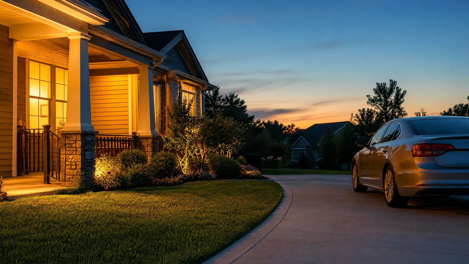 A lit house with a covered porch, stone-based columns and landscaped shrubs at dusk, with a silver sedan parked on a curved concrete driveway.