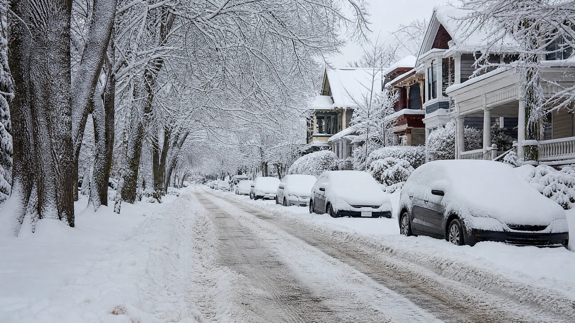 A snow-covered residential street lined with bare trees on the left and houses with porches on the right, with several parked cars buried under thick snow.