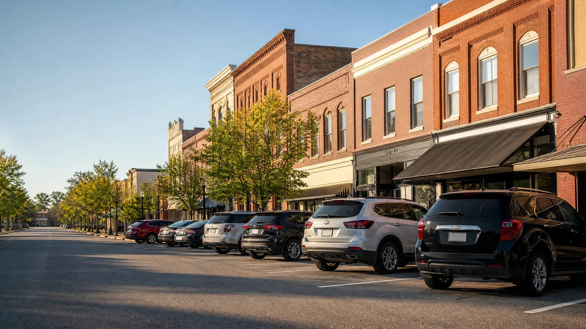 A row of two- and three-story brick commercial buildings with awnings along a street, with SUVs angle-parked at the curb and trees lining the sidewalk under a clear sky.
