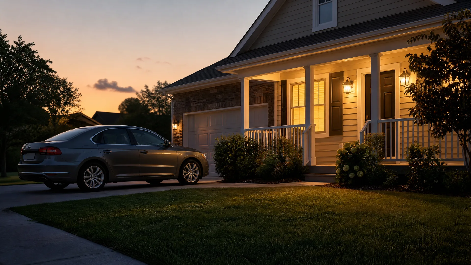 A gray sedan parked in the driveway of a two-story house with siding, a stone-faced garage wall, and a lit covered porch at dusk.