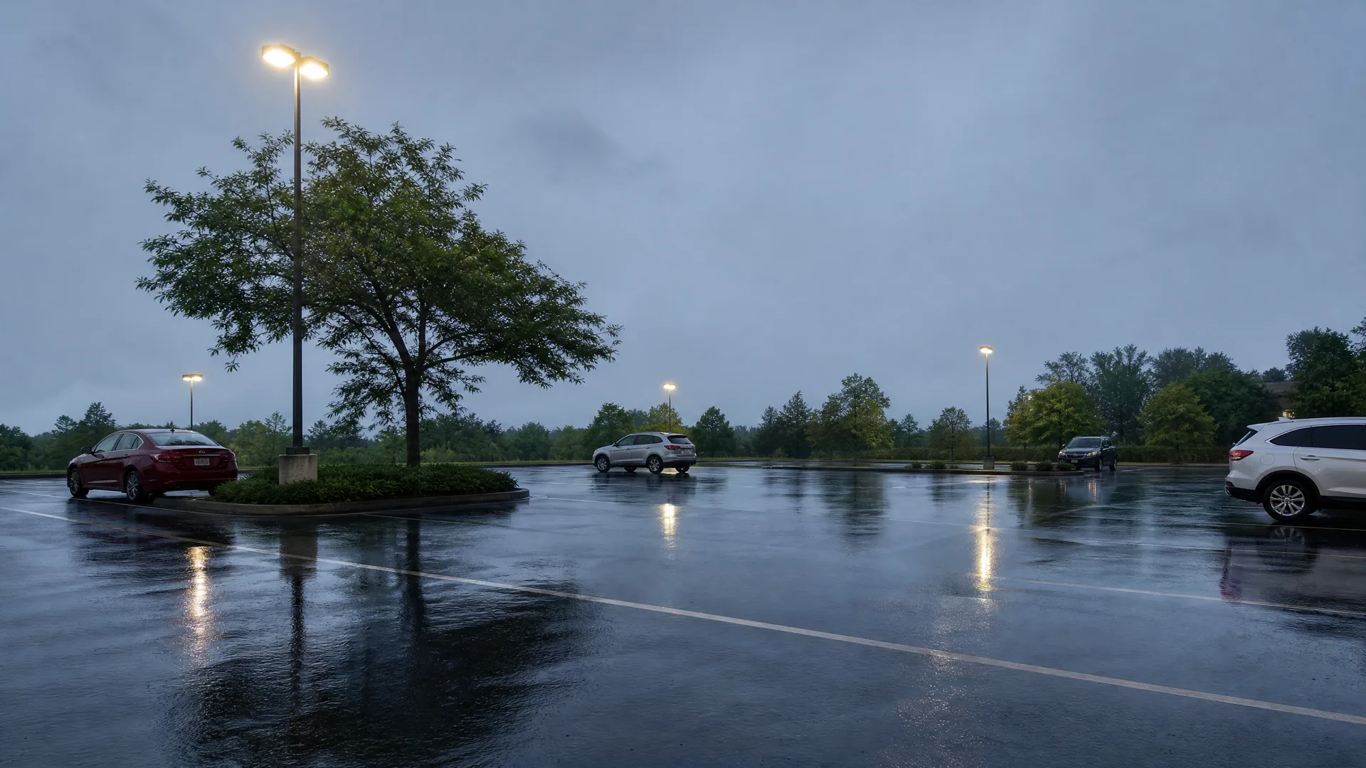A wet, nearly empty parking lot at dusk under an overcast sky, with a few parked cars, a landscaped island with a tree and lit light pole, and reflections of lights on the pavement.