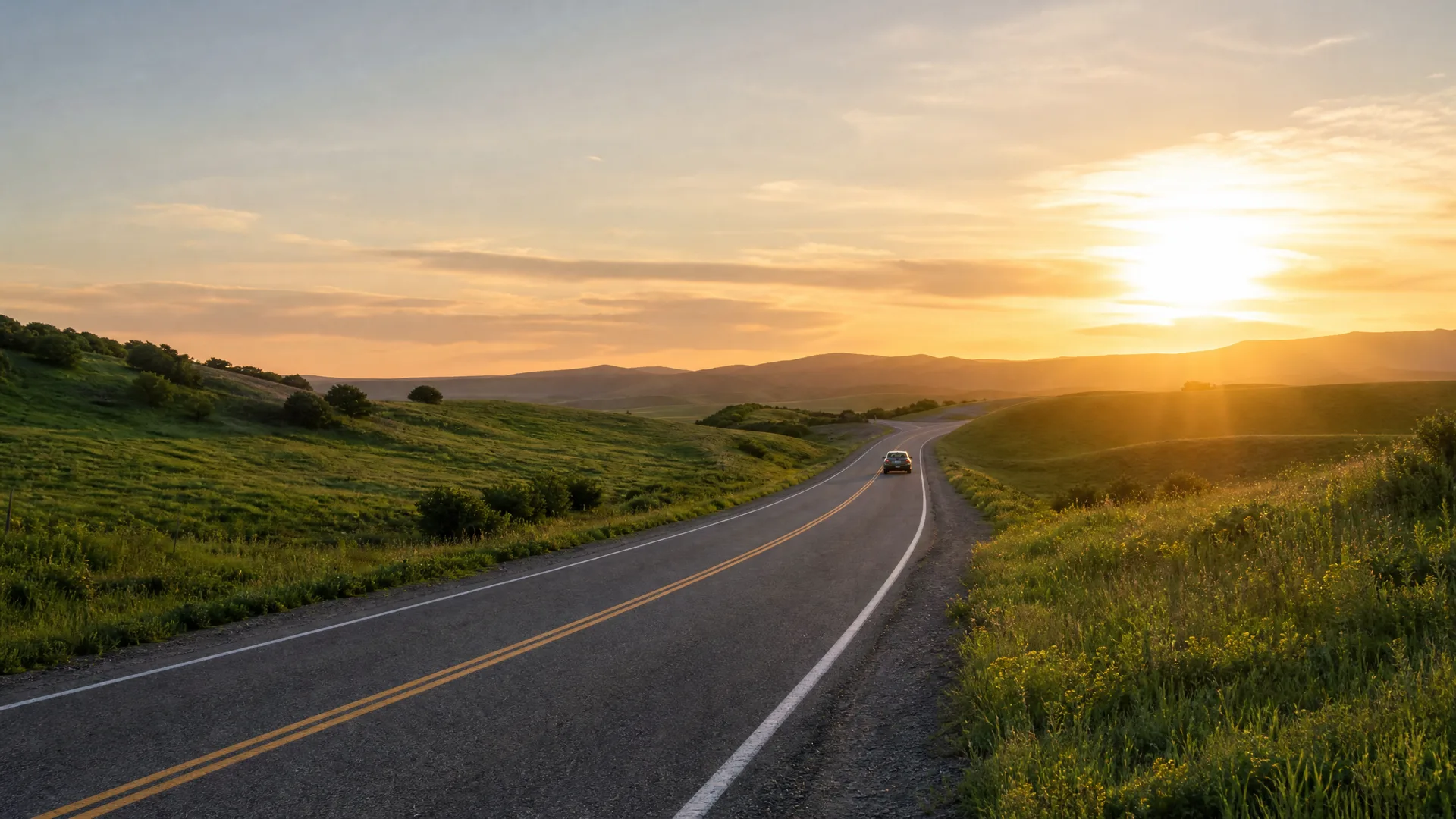 A two-lane road with double yellow center lines curves through green rolling hills toward a low sun near the horizon, with a single distant car on the road.
