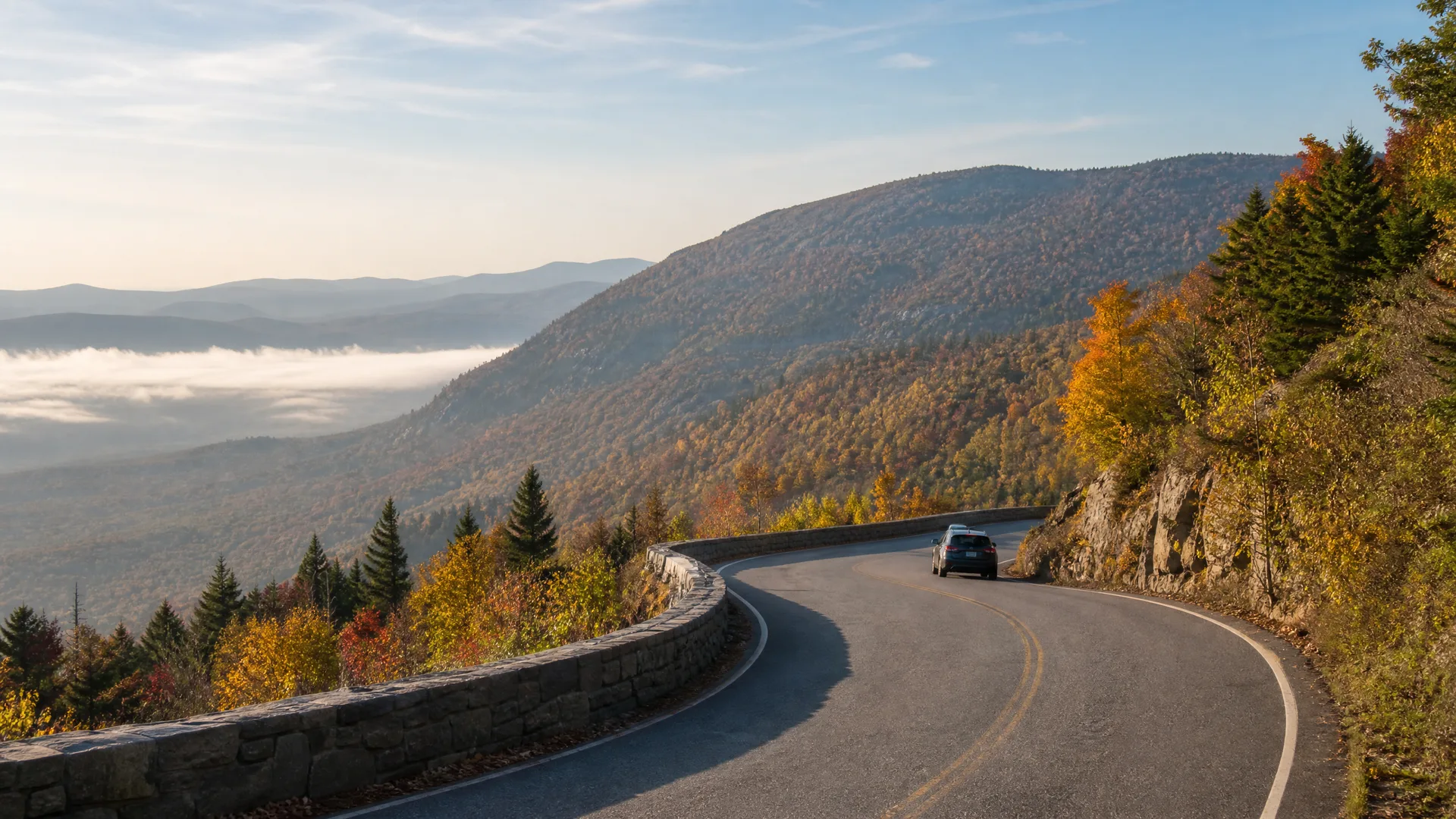 A curving two-lane mountain road with a stone guardrail, a single dark SUV driving along it, bordered by mixed autumn-colored forest, with hazy ridges and low cloud filling the valley beyond.