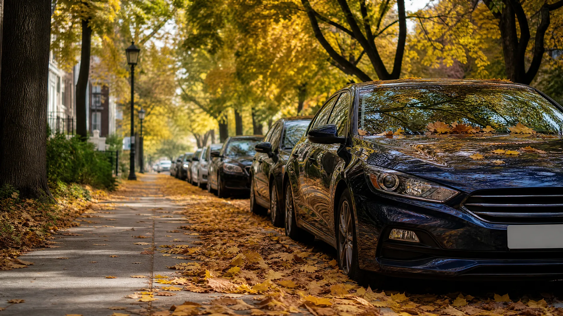 Dark blue sedan parked along a leaf-covered curb on a tree-lined residential street, with more parked cars receding into the distance and a sidewalk strewn with yellow autumn leaves.