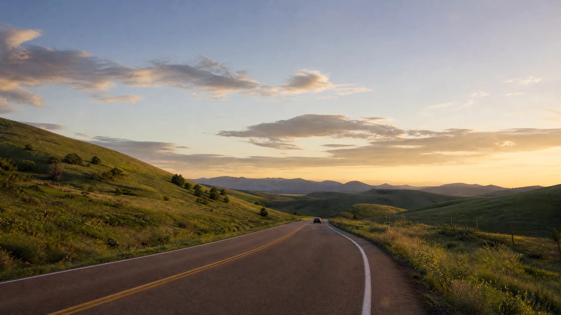 A two-lane road with a double yellow center line curves through green rolling hills toward distant mountains under a partly cloudy sky at low sun, with a single dark car in the distance.