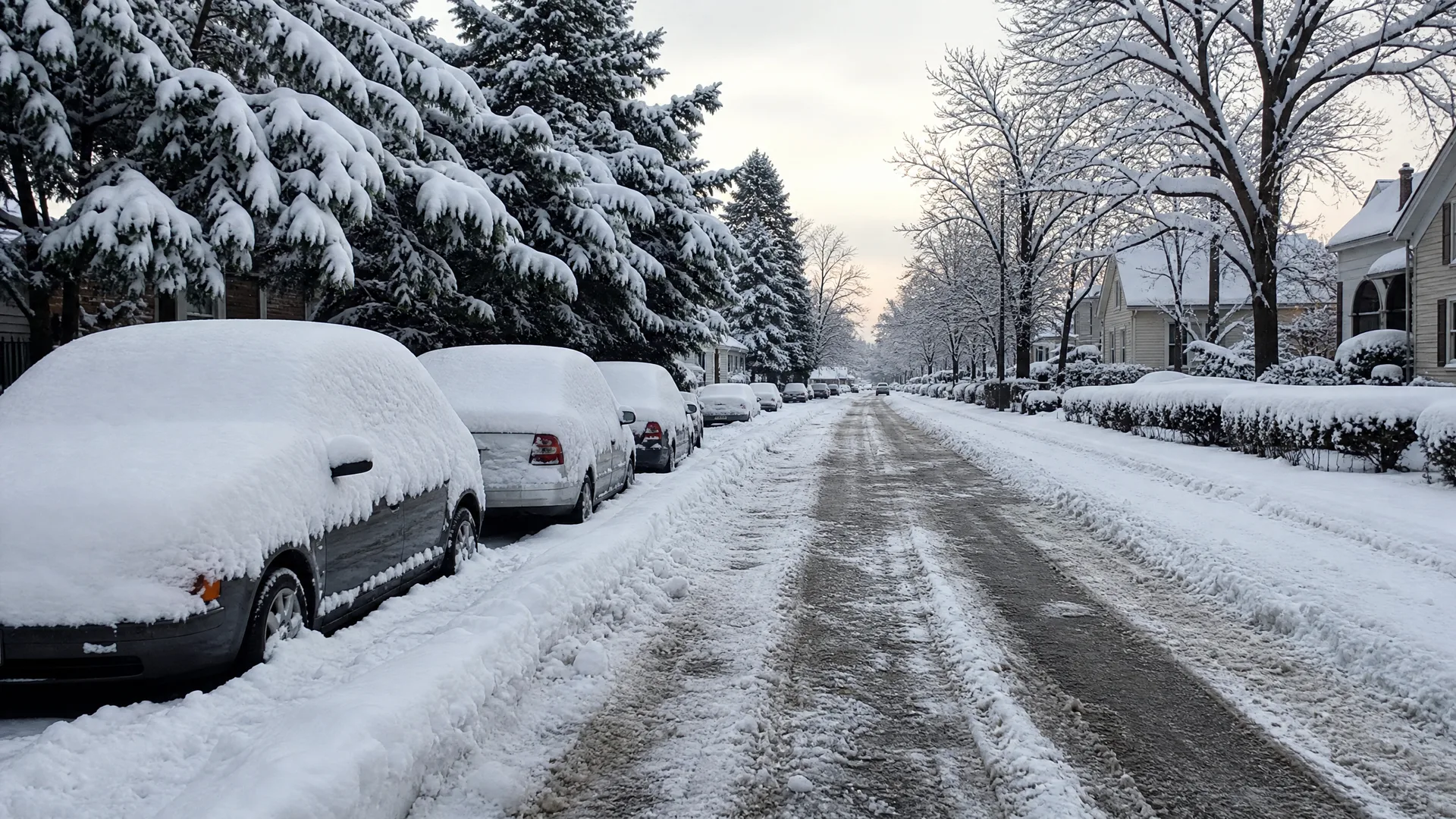 A snow-covered residential street with tire tracks, parked cars buried under thick snow on the left beneath snow-laden evergreen trees, and houses with bare trees on the right.