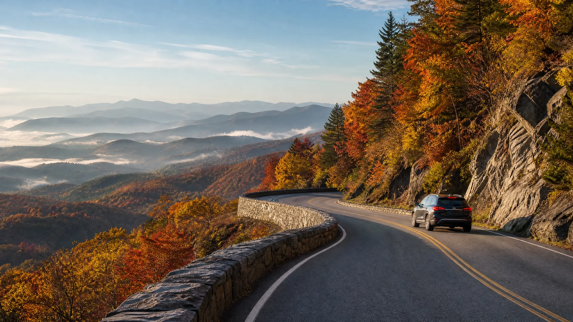 A dark SUV drives on a curving two-lane mountain road bordered by a stone wall, with autumn-colored trees, a rock cut, and fog-filled valleys and ridges in the distance.