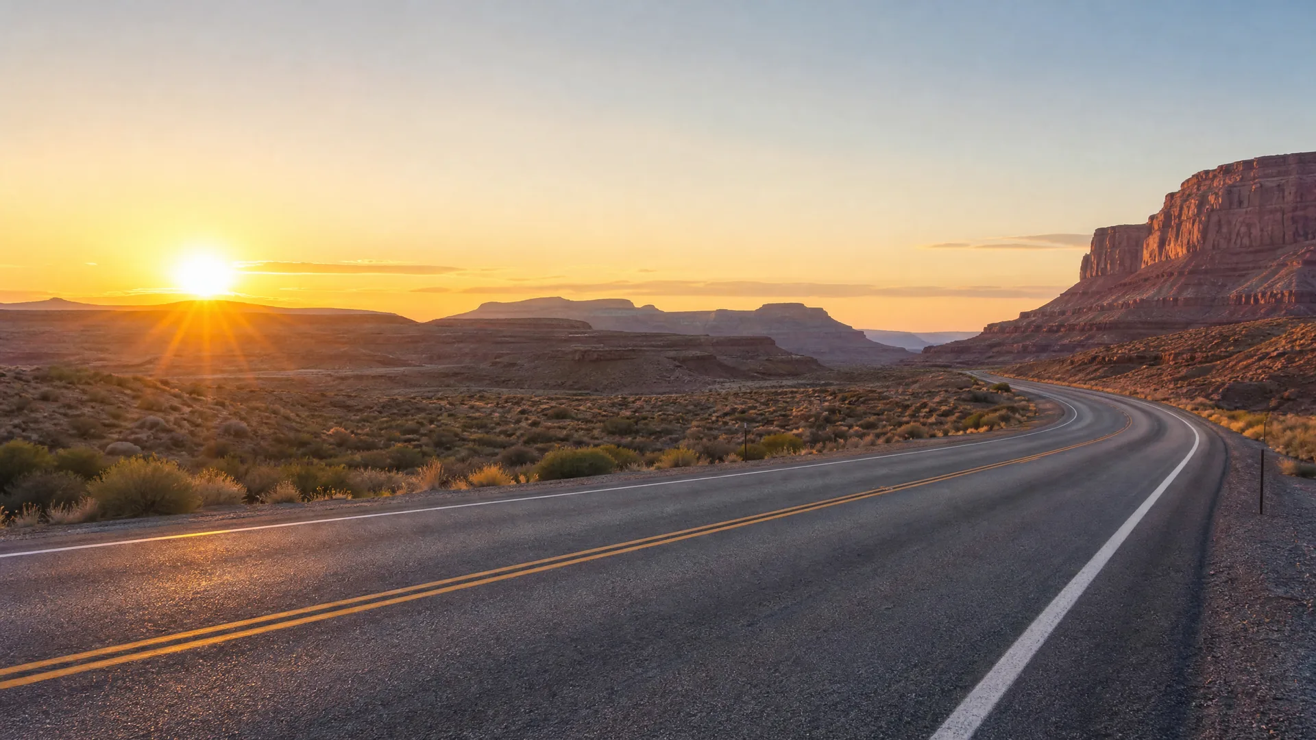 A two-lane highway with a double yellow centerline curves through desert scrub toward mesas and cliffs, with the sun low on the horizon.