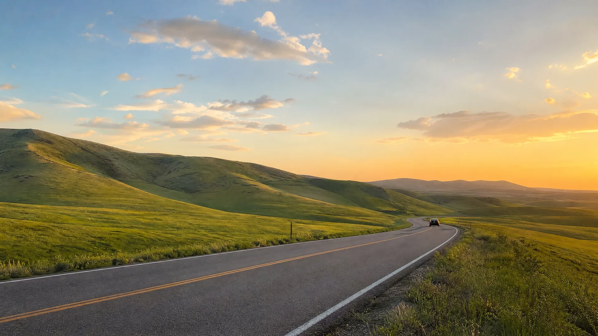 A two-lane paved road with a double yellow centerline curves through green rolling grassy hills, with a single dark vehicle in the distance under a partly cloudy sky at sunset.