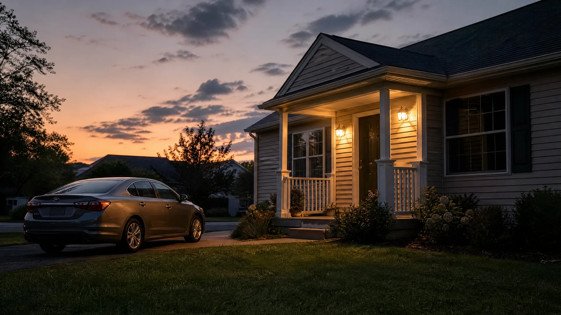 A gray sedan parked in a driveway beside a single-story house with a lit covered porch at dusk, with an orange sunset sky and trees behind.