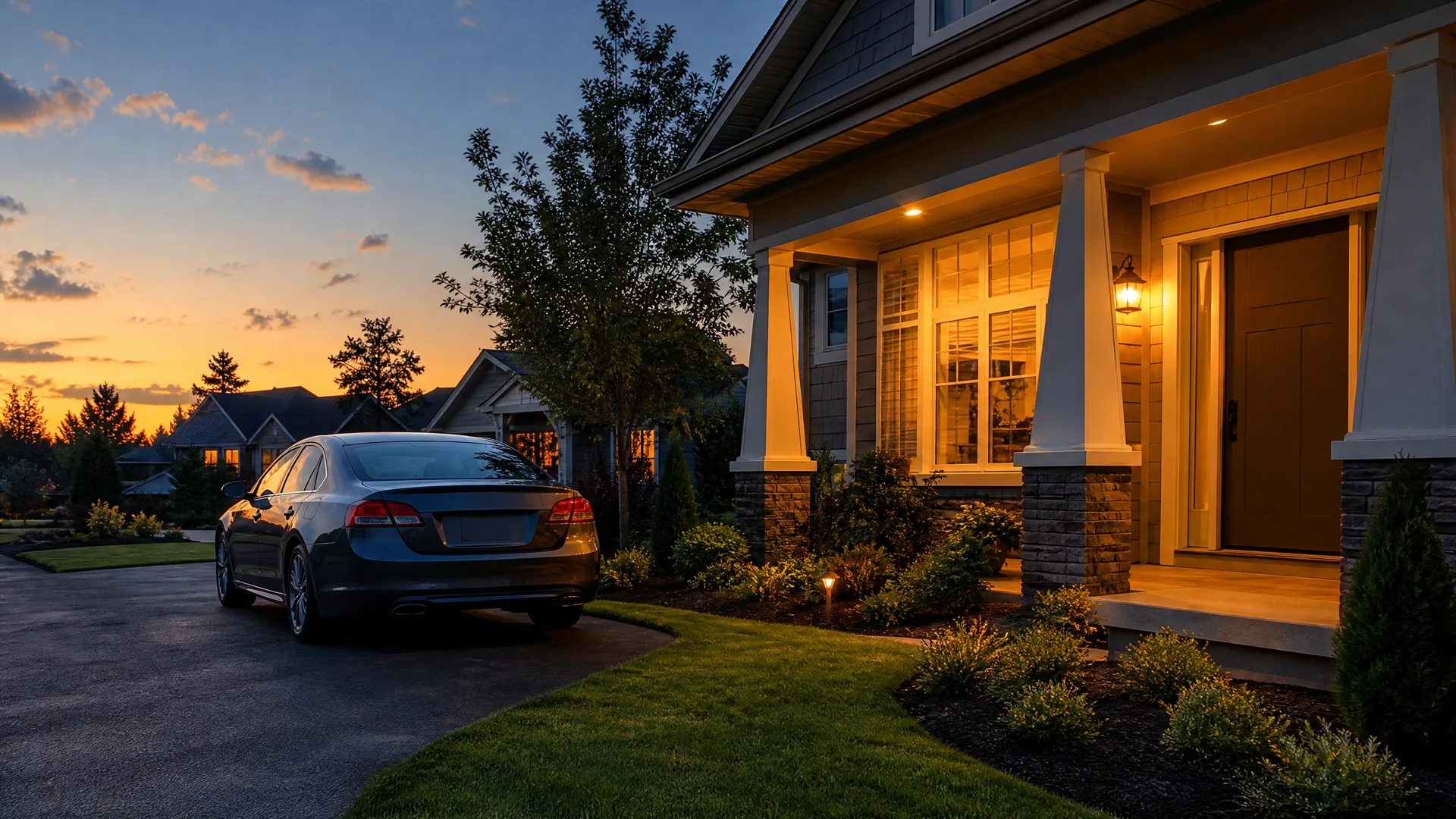 A dark sedan parked in a driveway beside a shingle-sided house with a lit covered porch, columns and stone bases, photographed at dusk with an orange sky.