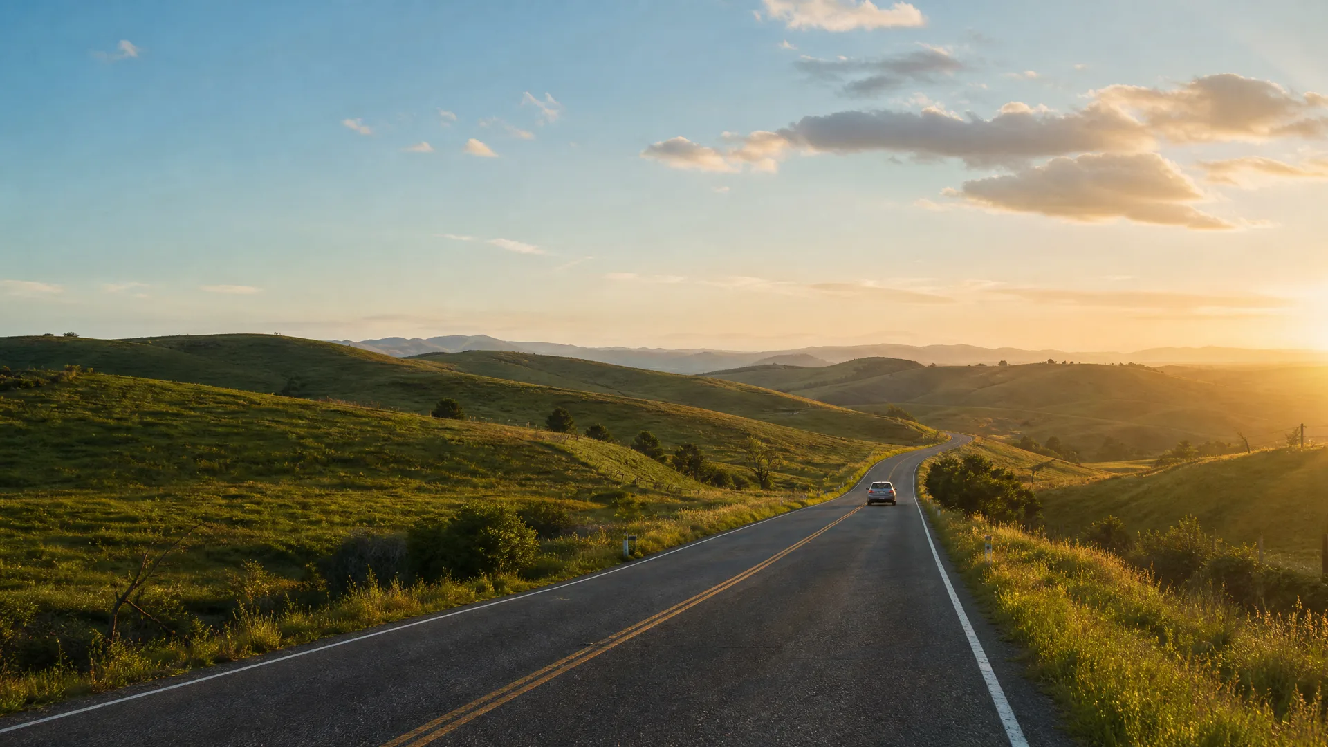 A two-lane asphalt road with a double yellow center line curves through green rolling hills toward a low sun, with a single car driving in the distance.
