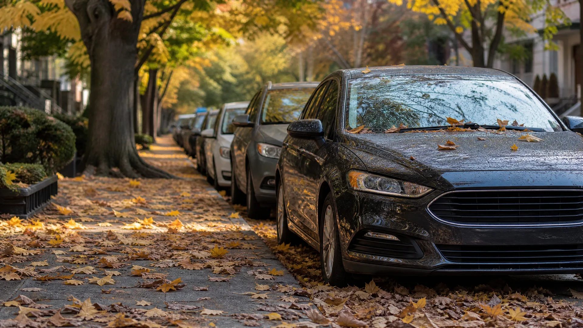 Cars parked along a residential street beside a leaf-covered sidewalk and large tree trunks, with yellow autumn foliage overhead.