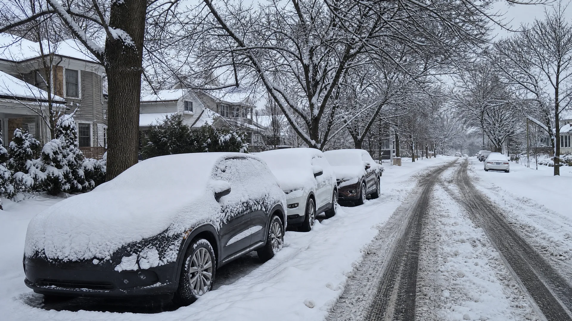 Snow-covered cars parked along a residential street with bare trees, houses, and tire tracks in the snowy road.