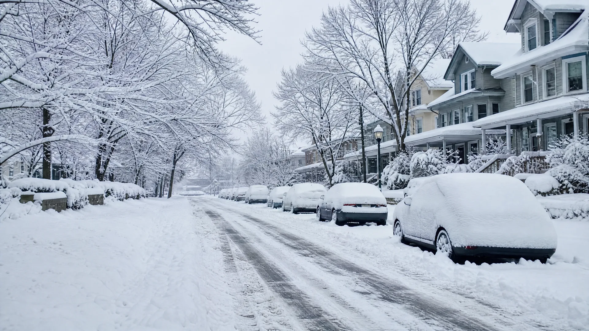 A snow-covered residential street lined with parked cars buried under thick snow, bare frosted trees, and houses with porches along the right side.