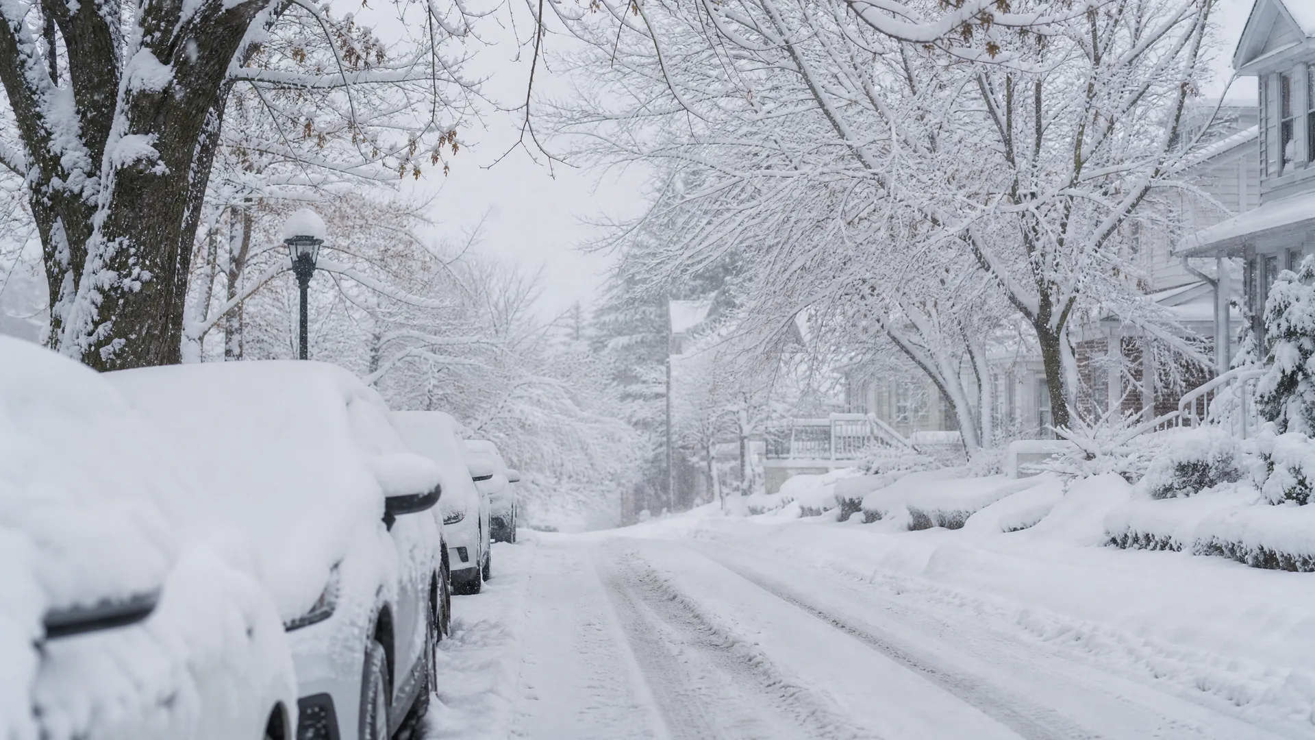 A snow-covered residential street with tire tracks, parked cars buried under snow on the left, a streetlamp, snow-laden bare trees, and houses with porches on the right.