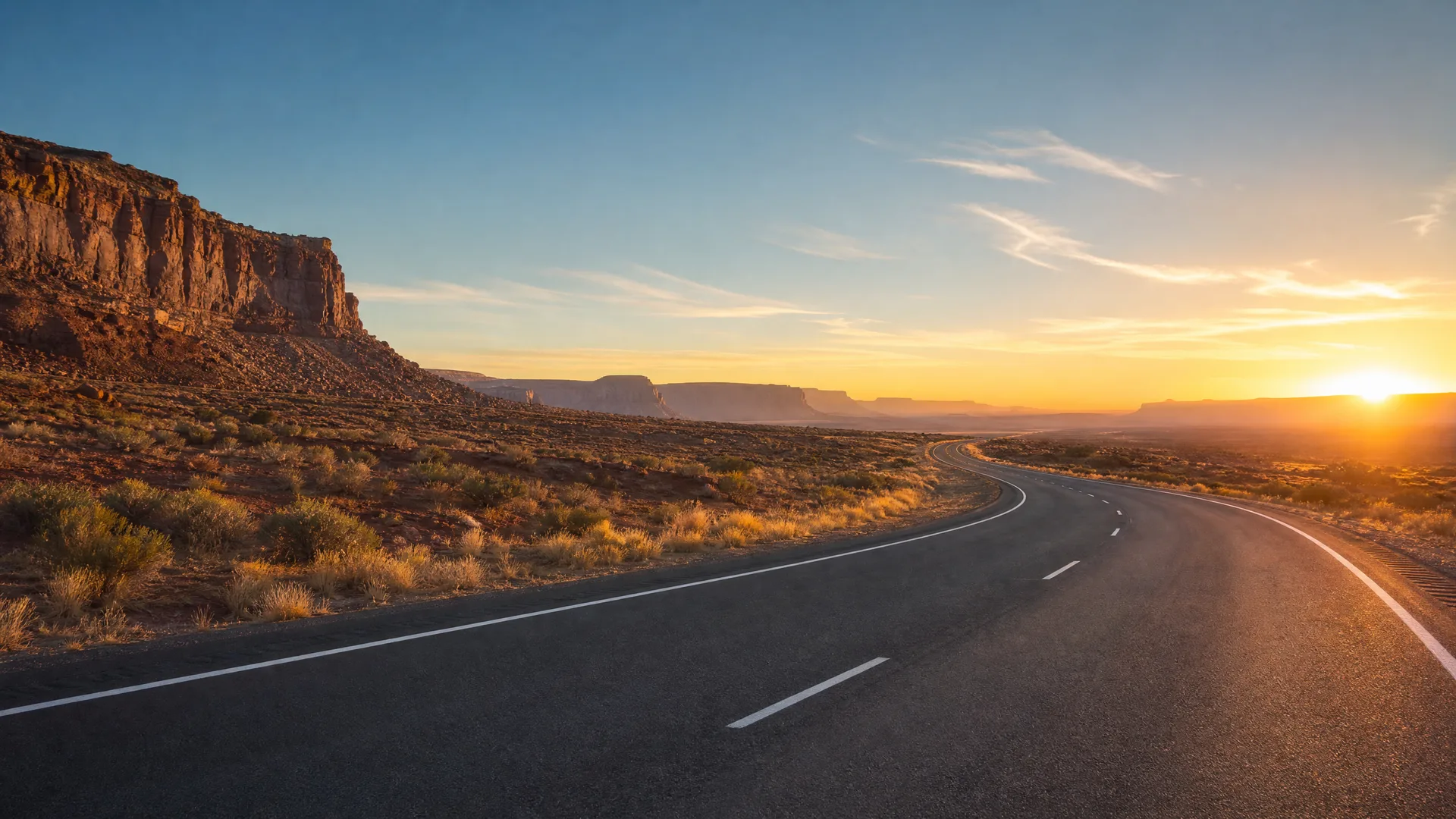 An empty two-lane asphalt road curves through desert scrub toward distant mesas, with the sun low on the horizon at right.