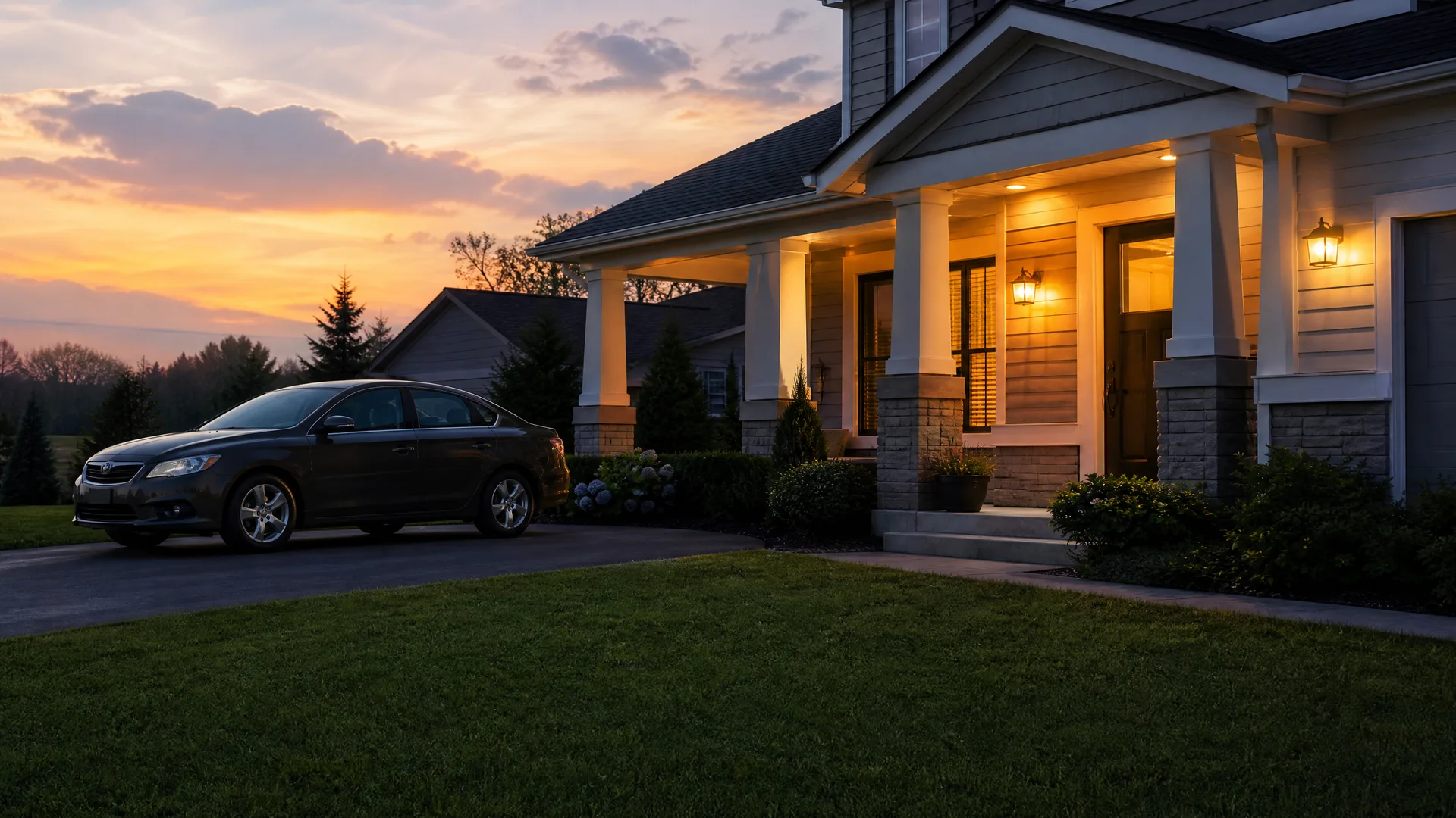 A dark sedan parked in a driveway beside a house with a lit covered porch, stone-faced columns and lawn in the foreground at dusk.