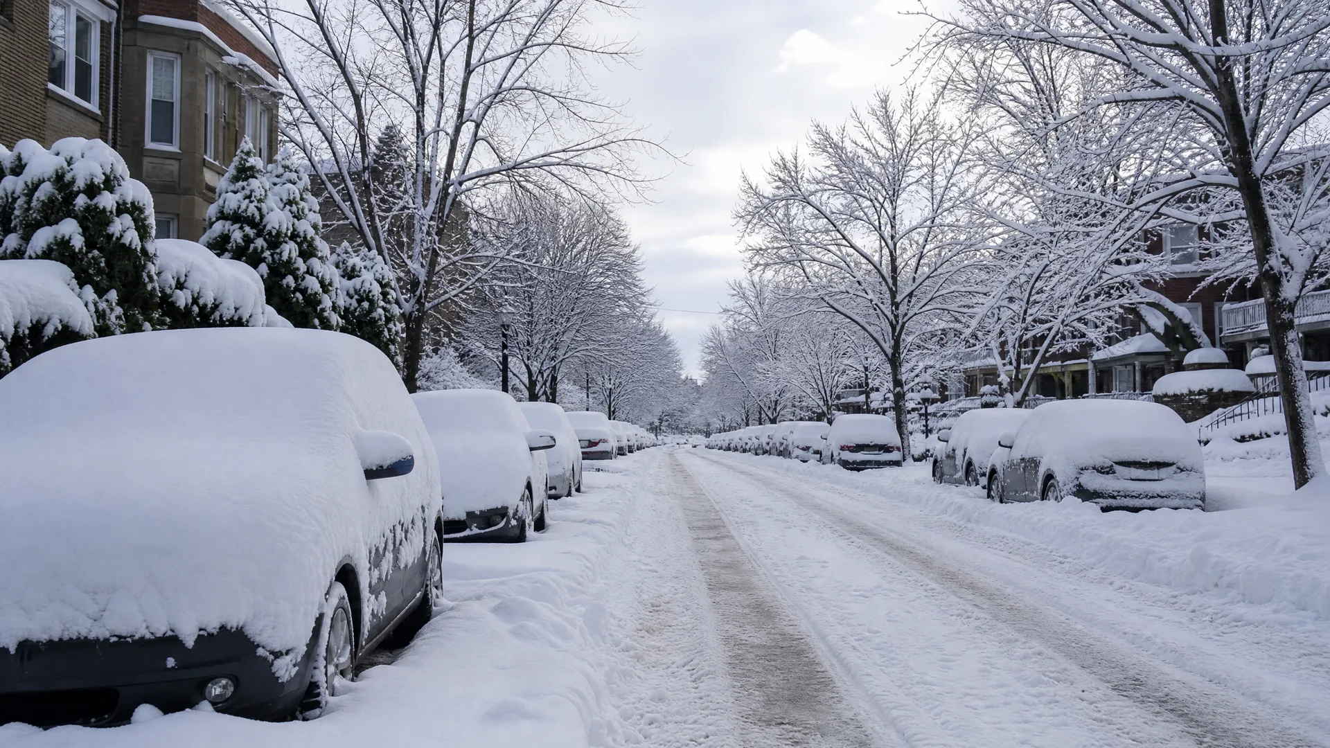 A snow-covered residential street lined with parked cars buried under deep snow, bare trees coated in white, and brick houses on both sides under an overcast sky.