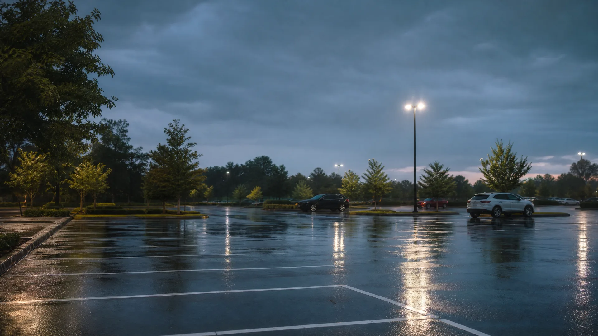 A nearly empty wet parking lot at dusk with a few parked cars, a lit light pole reflecting on the pavement, and trees under heavy grey clouds.