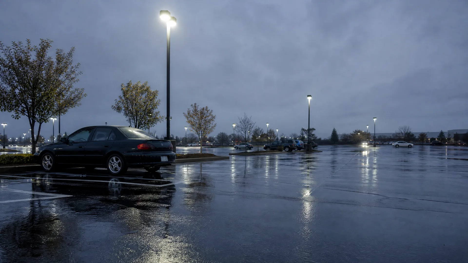 A dark sedan parked in a wet, nearly empty parking lot at dusk under overcast skies, with lit lamp posts and bare autumn trees reflected in the standing water.