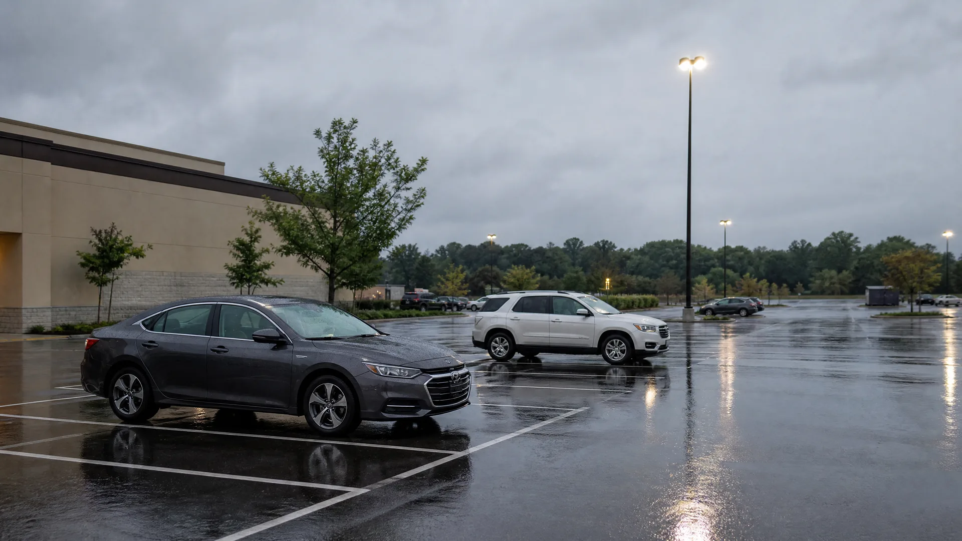 A gray sedan and a white SUV parked on a wet, empty parking lot under overcast skies, with a stucco building, trees, and lit light poles in the background.