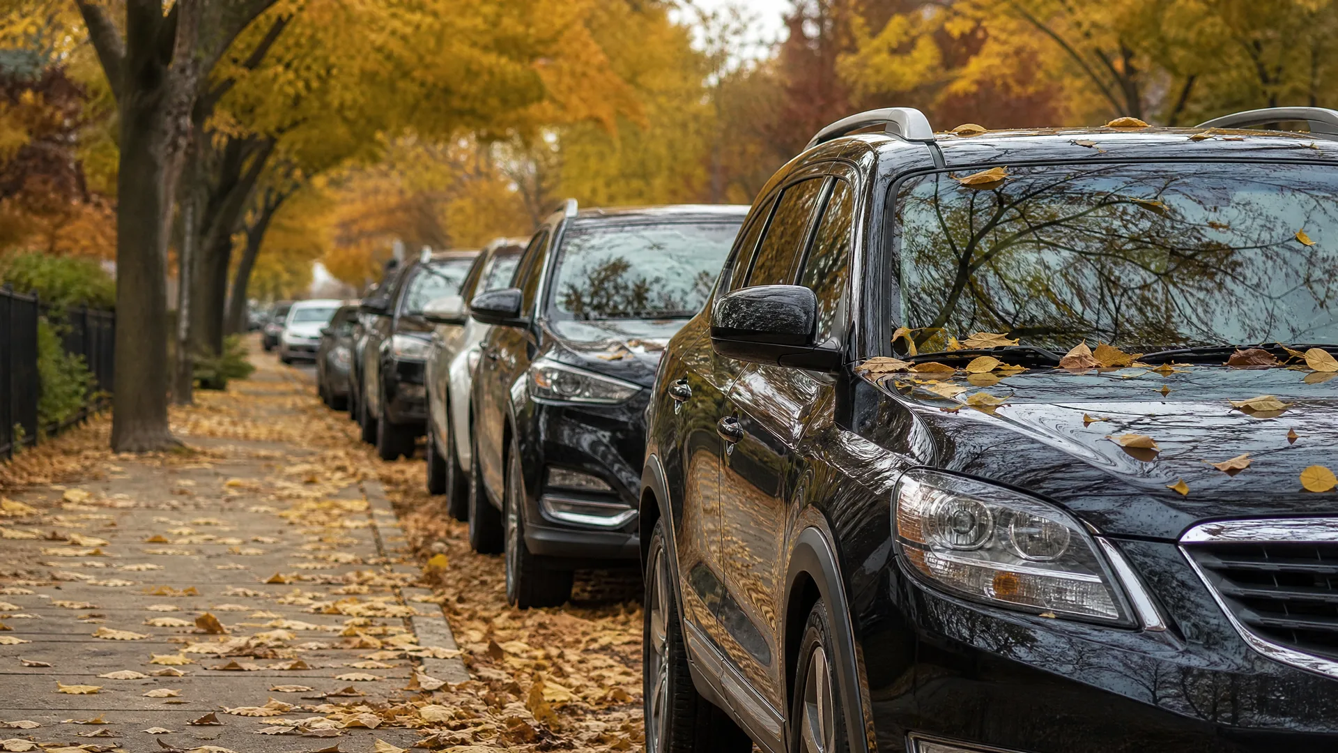 A row of cars parked along a residential street beside a leaf-covered sidewalk, with yellow autumn leaves on the vehicles and trees overhead.