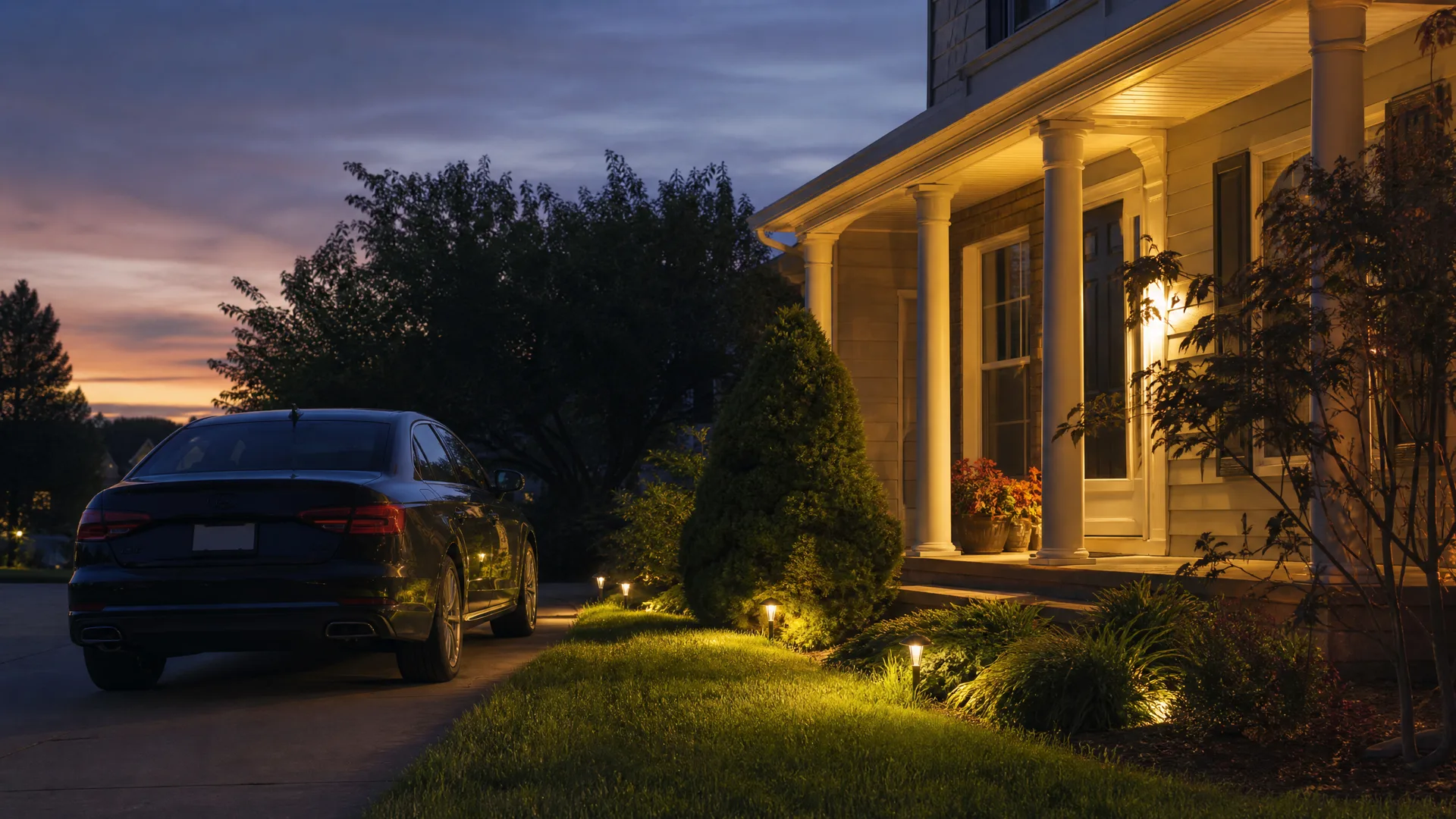 At dusk, a dark sedan is parked on a driveway beside a house with a columned porch, with small path lights illuminating the lawn and shrubs.