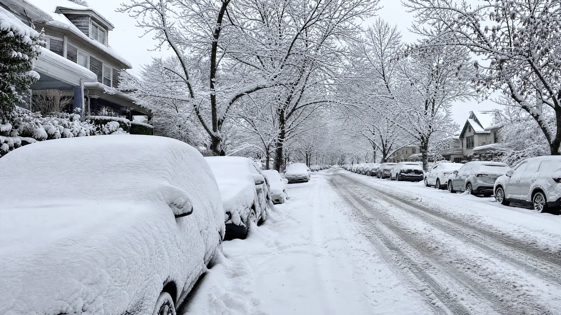 A residential street lined with snow-covered parked cars and bare snow-laden trees, with houses on both sides and tire tracks in the snowy road.