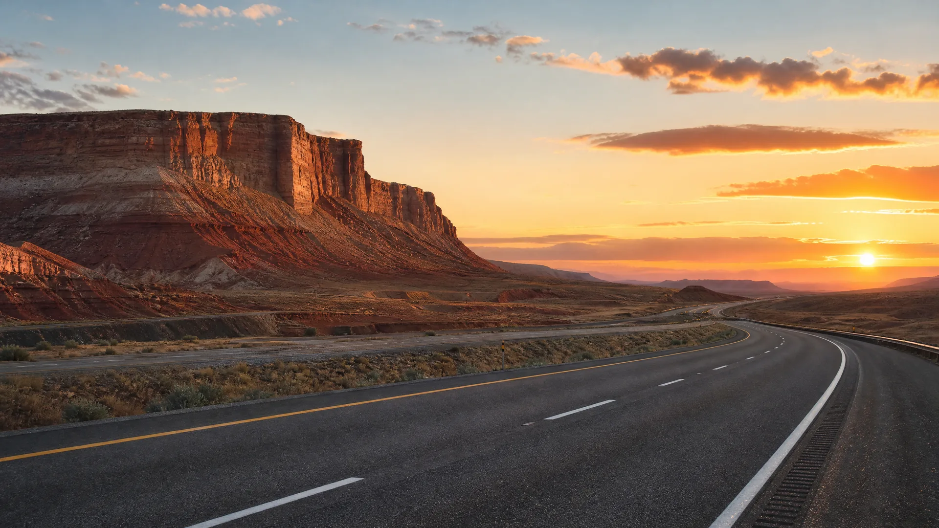 An empty divided highway curves to the right through arid scrubland toward a sunset, with a layered red rock mesa rising on the left.