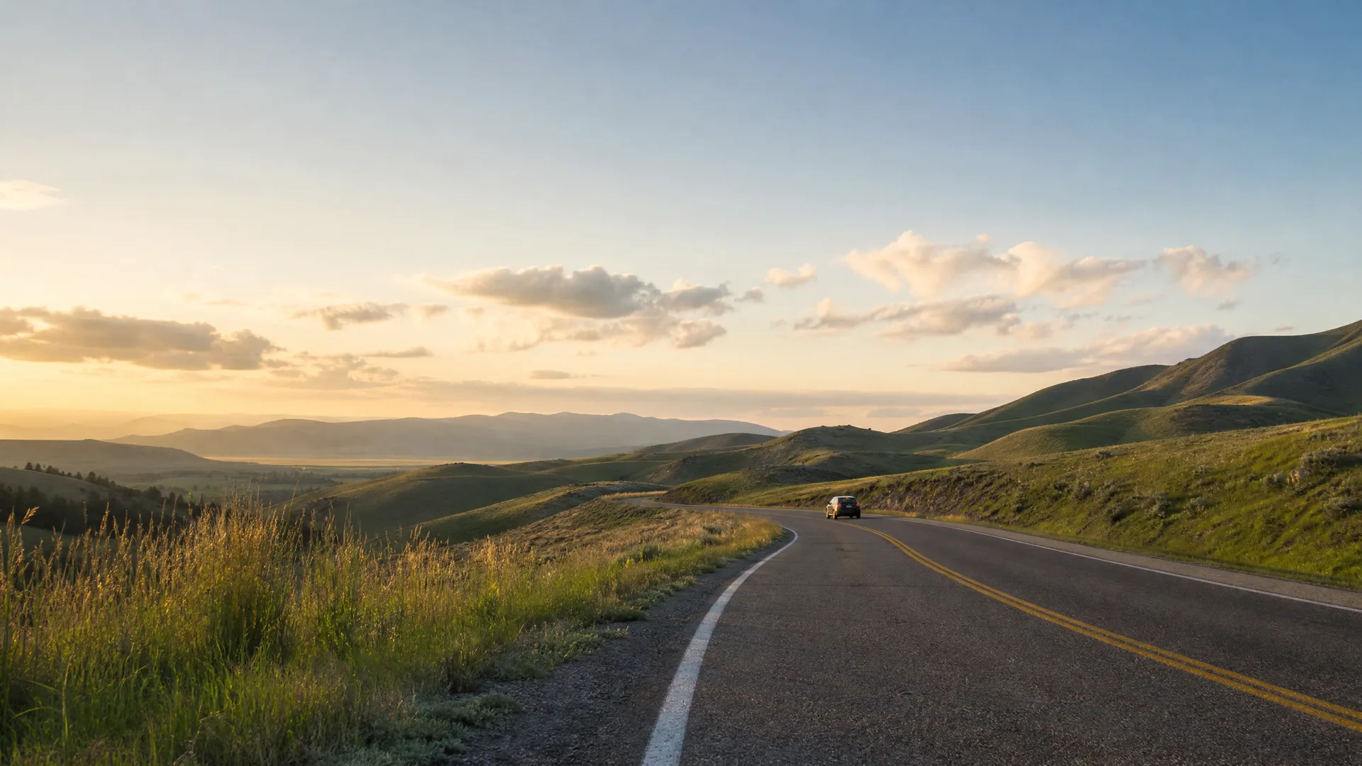 A two-lane road with a yellow center line curves through grassy rolling hills at sunrise or sunset, with a single distant vehicle and layered mountains on the horizon.