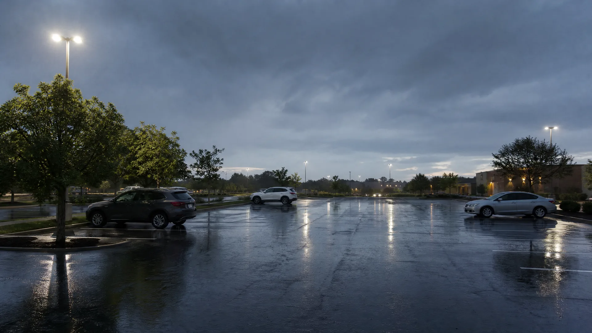 A wet, mostly empty parking lot at dusk under heavy gray clouds, with three parked cars, deciduous trees, and lit light poles reflecting on the pavement.