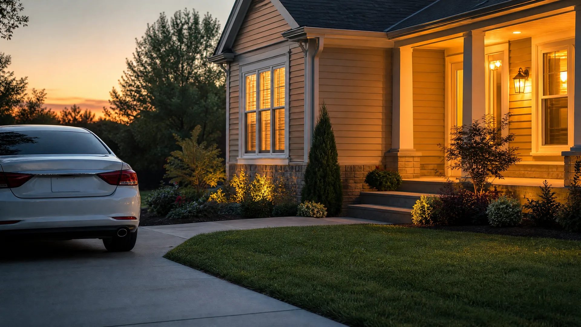 A white sedan parked on a driveway at dusk beside a lit single-family house with siding, a stone base, a covered porch and lawn and landscape lighting in the shrubs.